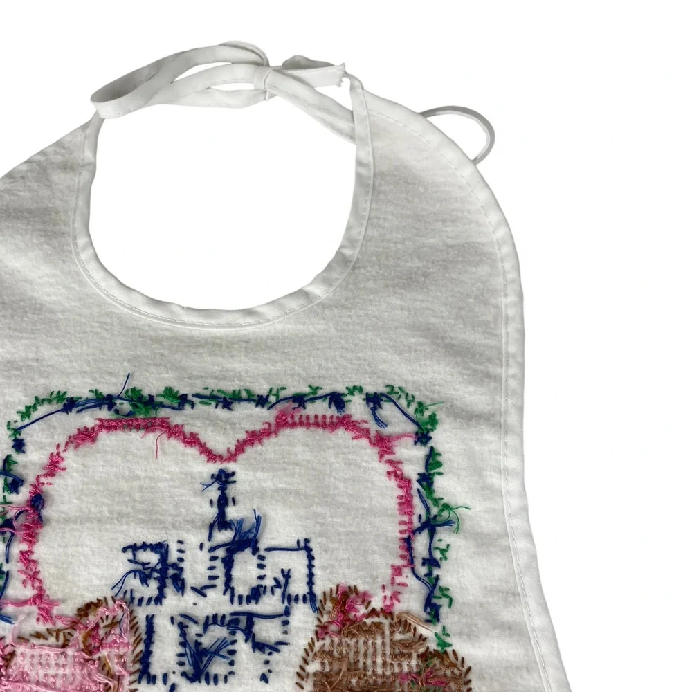 Vintage Handmade Cross Stitch Baby Bib Kitten Bunny Bear I Love You Tie-up Heart